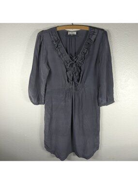 DEPT Gray Silk Ruffle Midi Tunic Dress Women’s Size S Long Sleeves Smocked